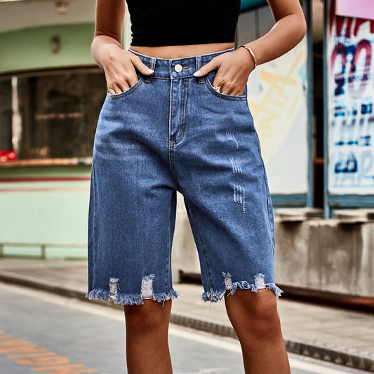 Y2K Women's Blue Jeans Retro Fashion Street Ripped Cropped Pants
