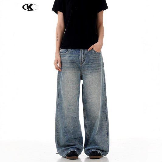 Light Blue Denim Trousers - Unisex Retro Loose Slim Wide Leg Casual Pants