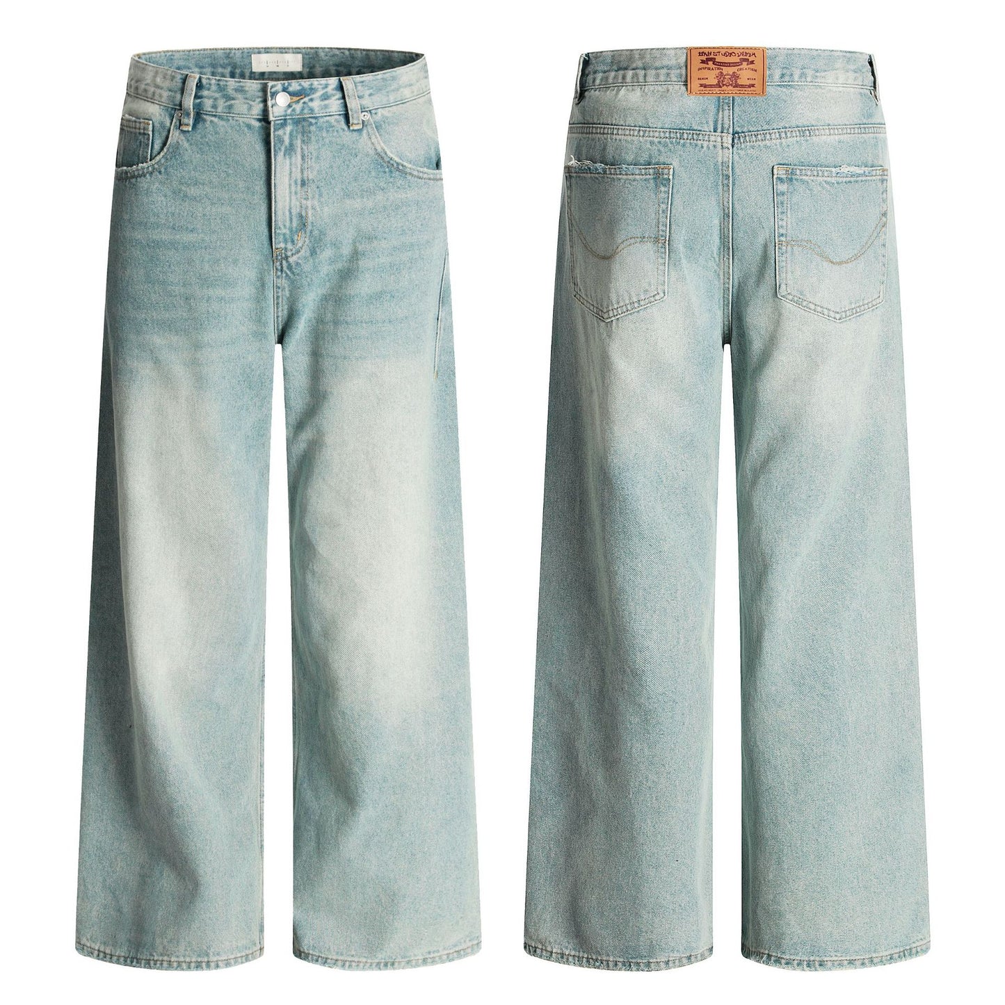 Blue Straight Jeans - Water-Washed Slimming Casual Pants