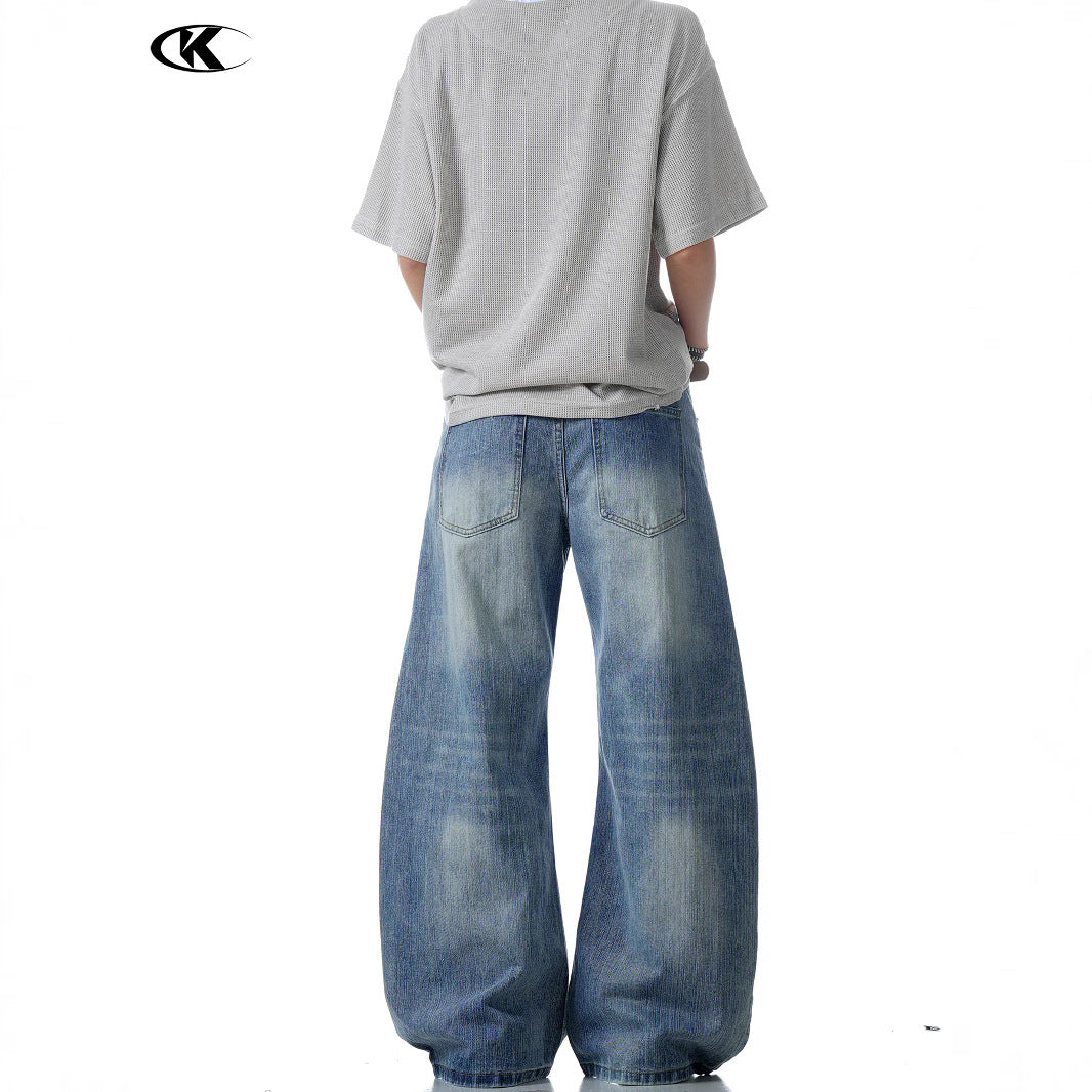 Texture Tapered Denim Pants Cleanfit Retro Wide Leg Slim Fit Loose Straight Long Pants