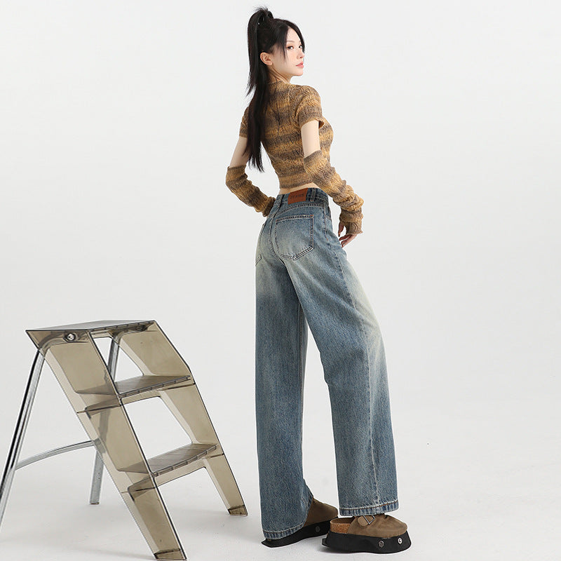 Women's Wide-Leg Jeans - High-Waist Loose Drape Straight Leg Pants