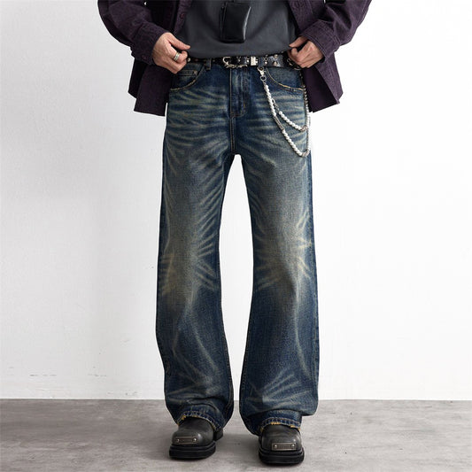 Men's Used Washed Loose-Fit Denim Jeans — Punk Zipper Fly Mid-Waist Blue