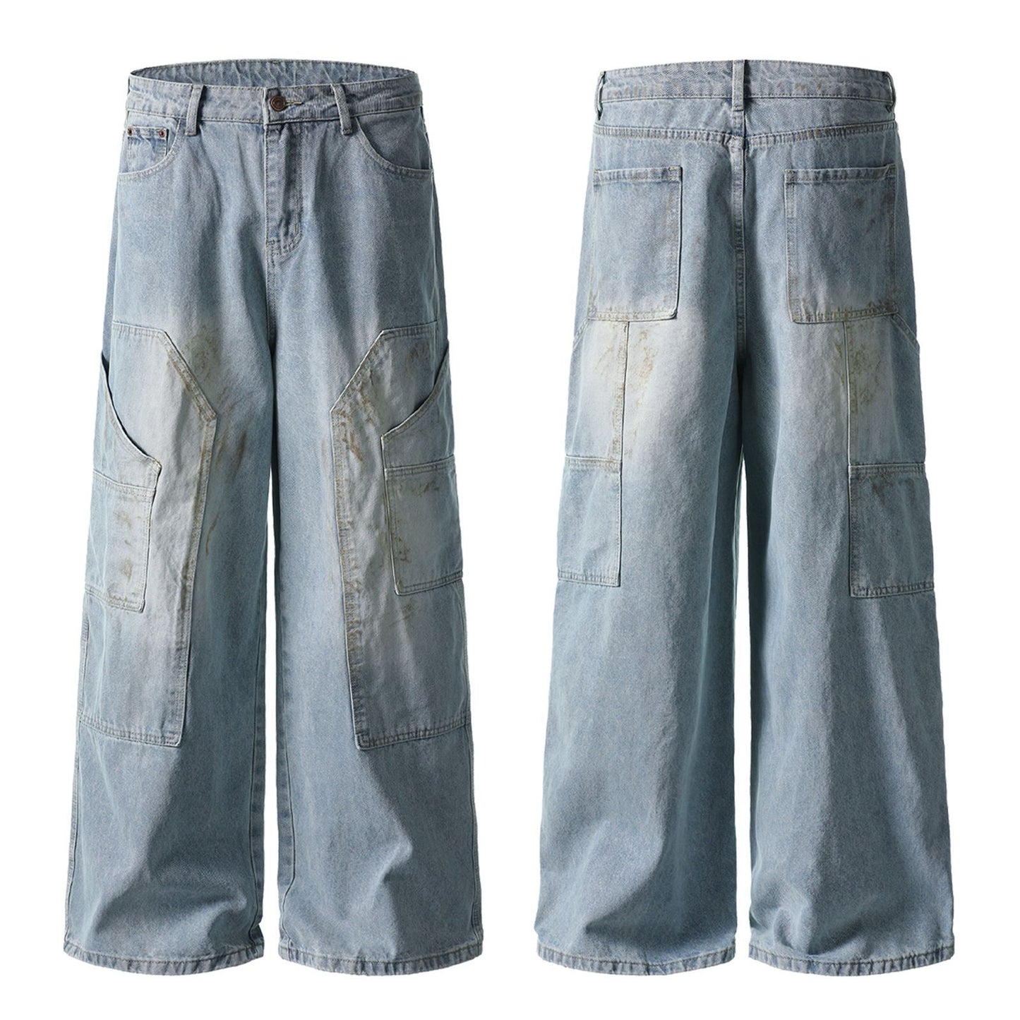 Ripped Denim Pants Tie Dye Wash Loose Straight Leg Pants