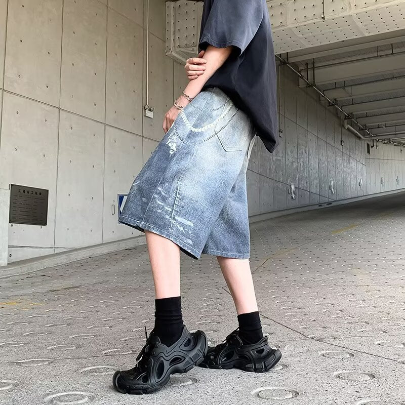 Spray Painted Chain Printed Denim Cropped Pants for Men