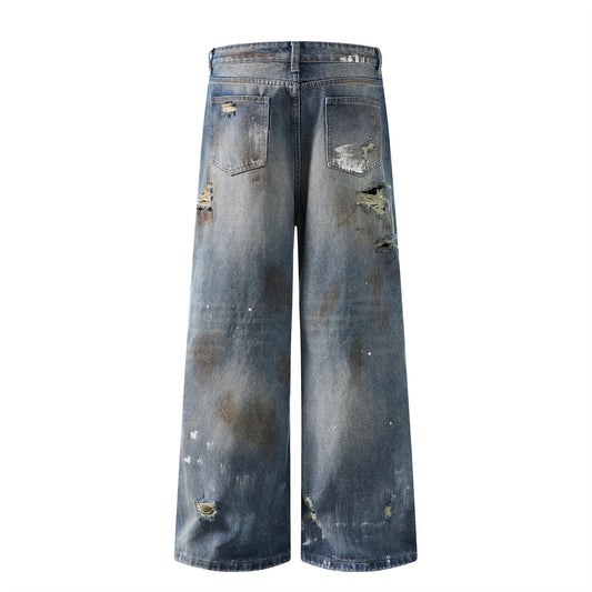Mud Stained Denim Jeans with Holes - Blue Pants