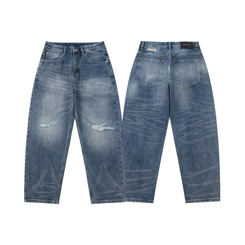Distressed Cut-Out Tapered Jeans for Men - Japanese Retro Loose Fit
