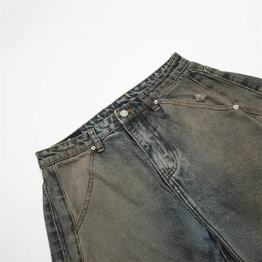 Men's Denim Jeans, Post-Apocalyptic Style Distressed Ripped Dagger Cut-Offs, Loose Fit Men's Pants