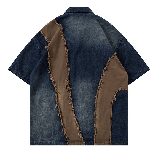 Original Colorblock Frayed Denim Short Sleeve Shirt for Men