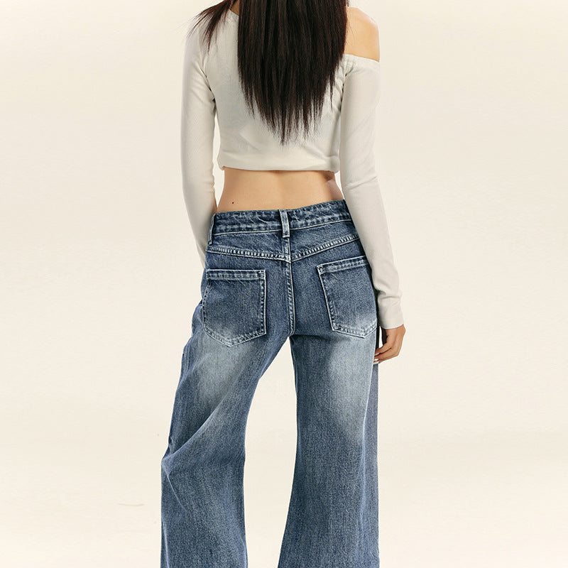 Vintage Light Wash Denim Trousers for Women - Low Waist, Slimming Fit
