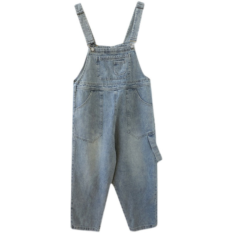 Vintage Women's Denim Jumpsuit with Pockets, Loose Fit, Retro Style, Spaghetti Straps, Ankle-Length