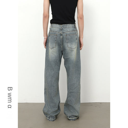 Denim Frayed Hem Washed Wide-Leg Jeans - Men's Retro Loose Straight Fit Trousers