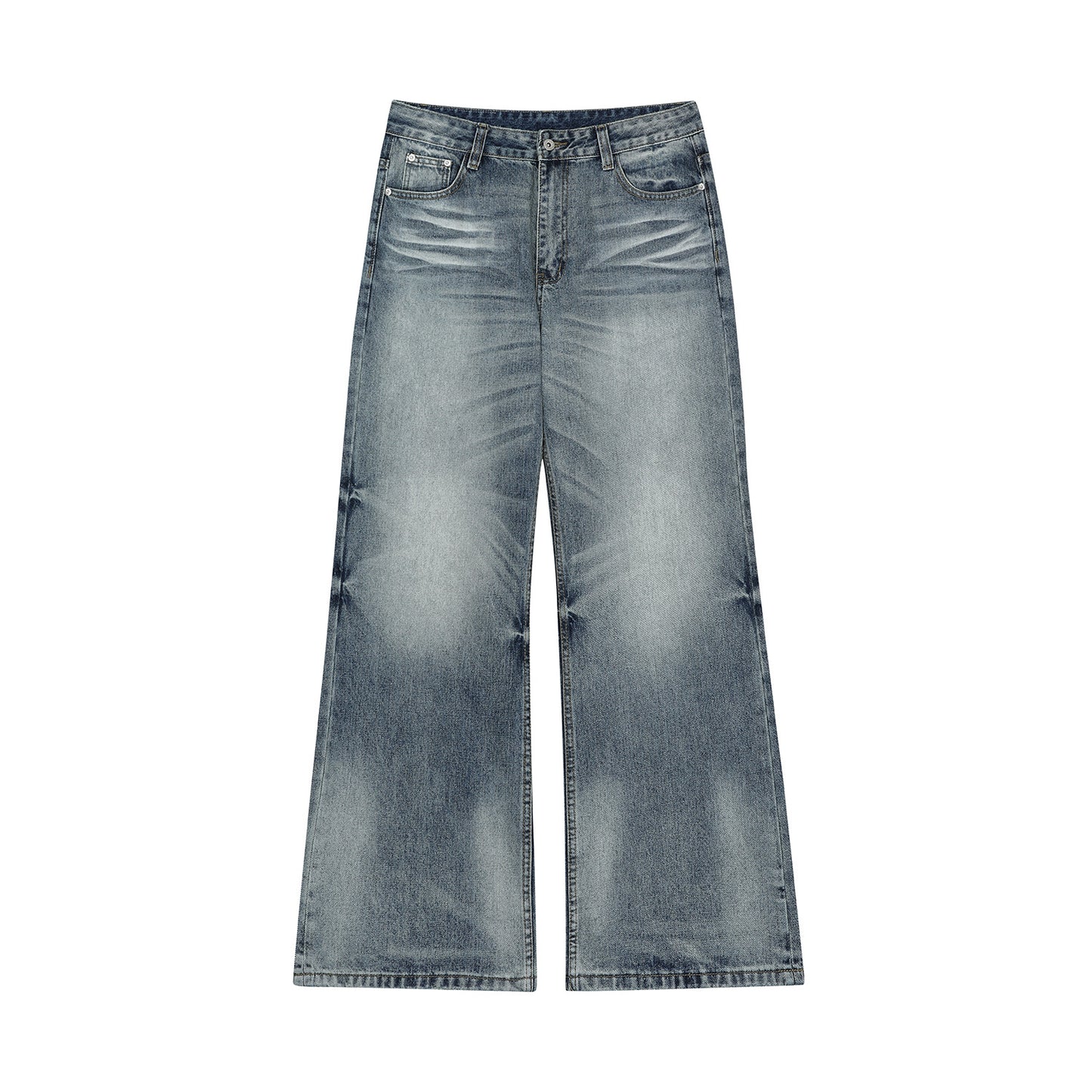 Vintage Unisex Relaxed Fit Cat-Whisker Pattern Washed Blue Flared Denim Jeans for Men