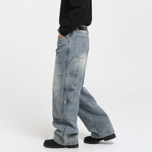 Vintage Washed Ripped Denim Pants for Men - Autumn Winter Loose Wide Leg Straight Cut Casual Wear