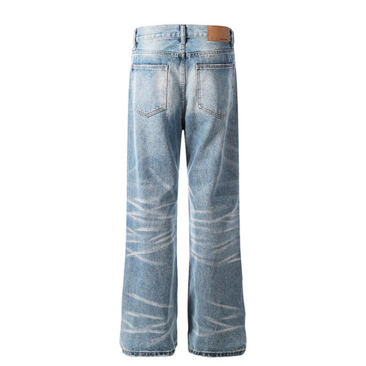 Washed Cat Beard Pattern Blue Straight Tube Wide Legs