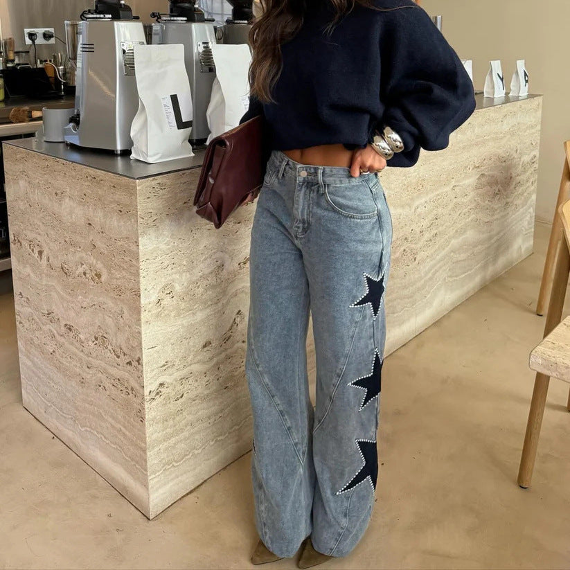 Five Pointed Star Loose Straight Denim Pants