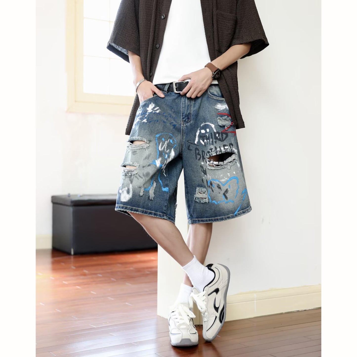 Graffiti Printed Denim Cropped Pants - Summer Loose Casual Mid Length