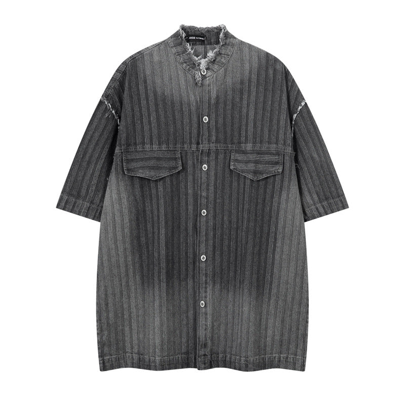 High-End Unique Dark Stripe Vintage Denim Shirt for Men - Short Sleeve with Frayed Hem