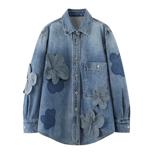 Elegant Floral Denim Jacket for Women - Loose Fit