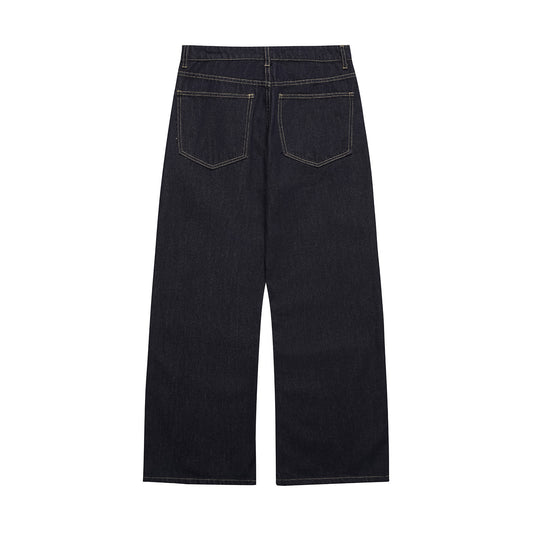 Washed Denim Blue Jeans - Loose Straight Leg with Slight Flare