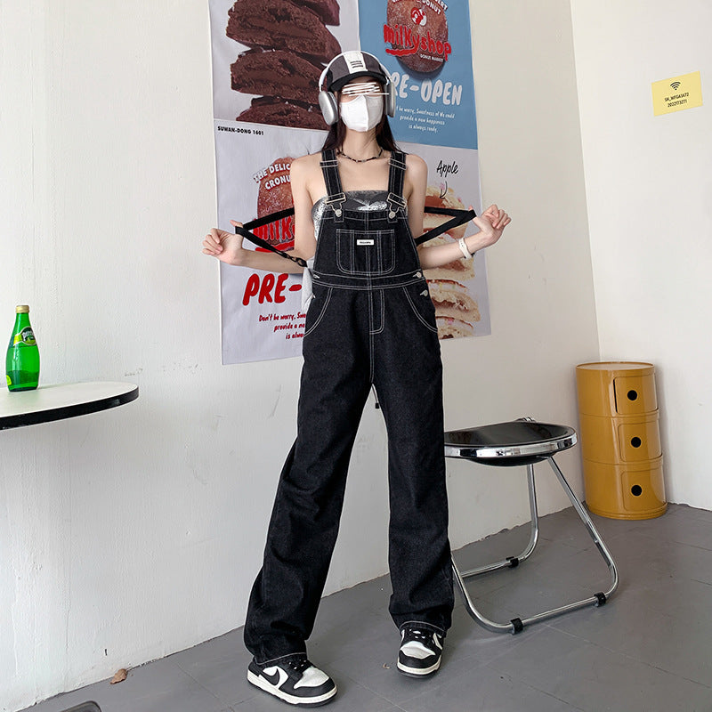Women's Wide-Leg Strap Denim Overalls for Workwear