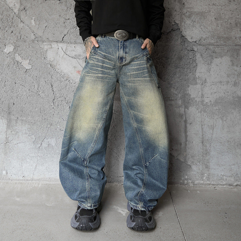 Vintage Washed Blue Denim Pants with Letter Embroidery for Men