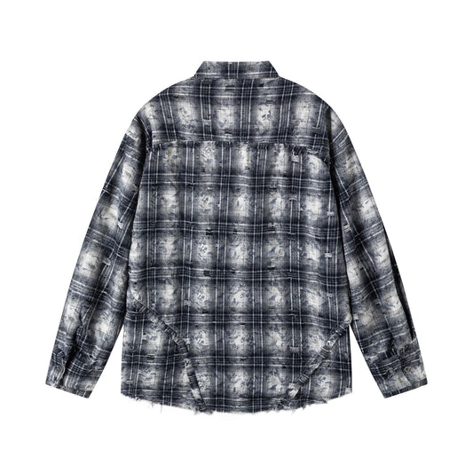 Retro Street Distressed Patchwork Plaid Long Sleeve Shirt for Men - Oversized Loose Casual Design Top