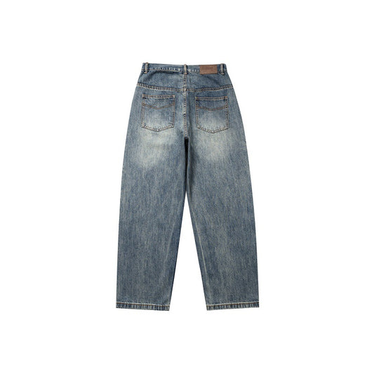 Floral Washed Cat Whiskers Denim Loose Straight Leg Casual Wide Leg Pants