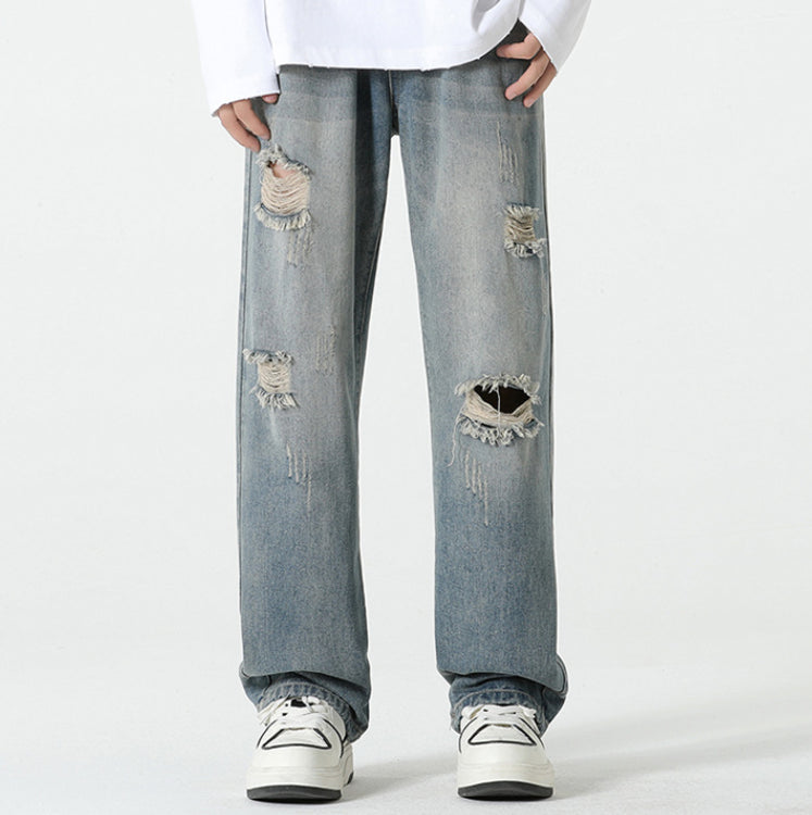 Men's Loose Straight Leg Trousers - Vintage Blue Wide Leg Pants