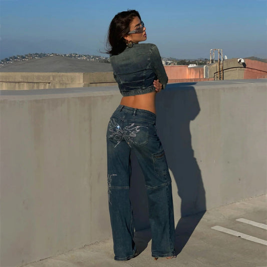 Spicy Girl's Winged Rhinestone Washed Jeans
