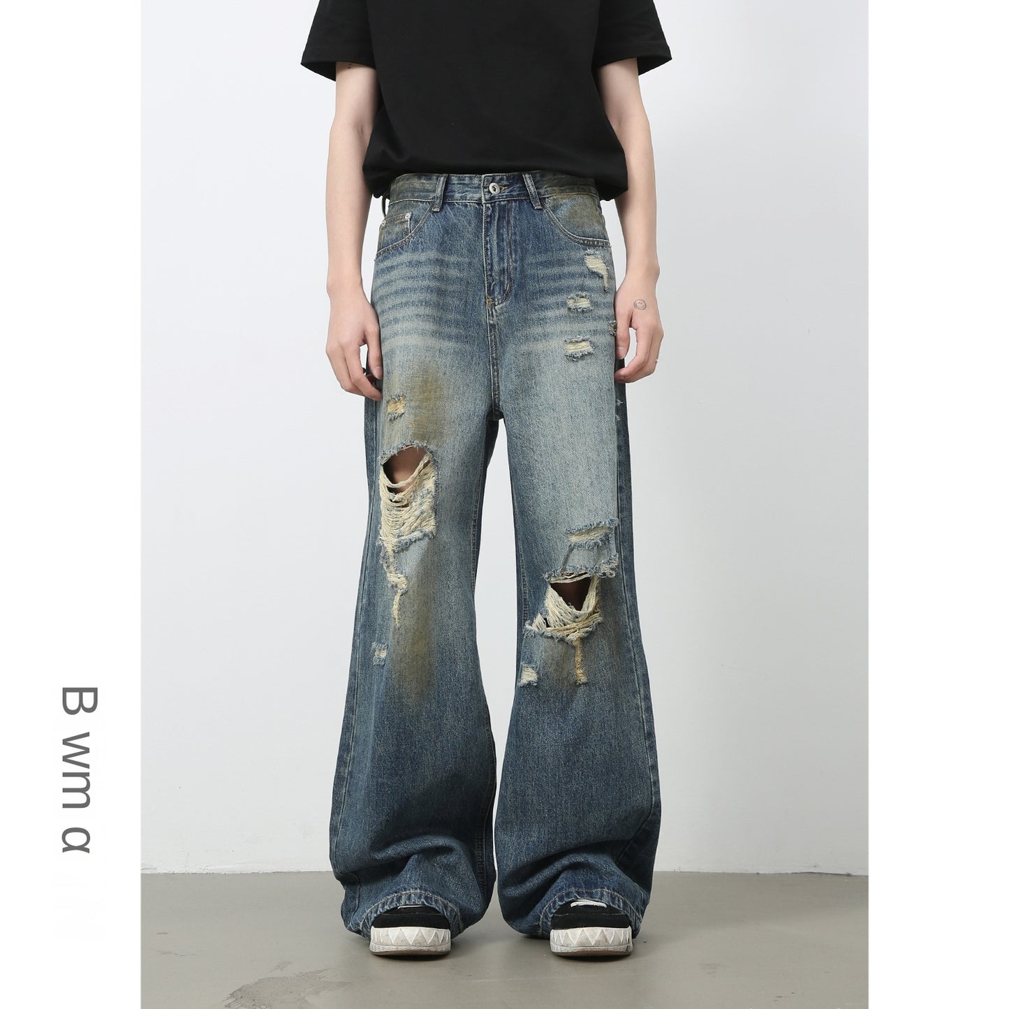 American Retro Distressed Design Floor-Length Denim Trousers for Men - Washed Loose Straight Leg Wide-Leg Pants