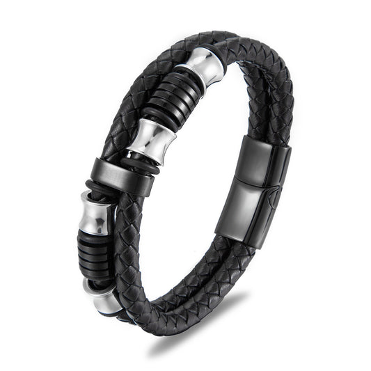 Black Leather Stainless Steel Men's Bracelet