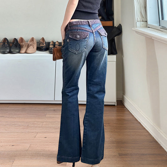 Street Motorcycle Retro Style Patchwork Color Block Flare Denim Pants
