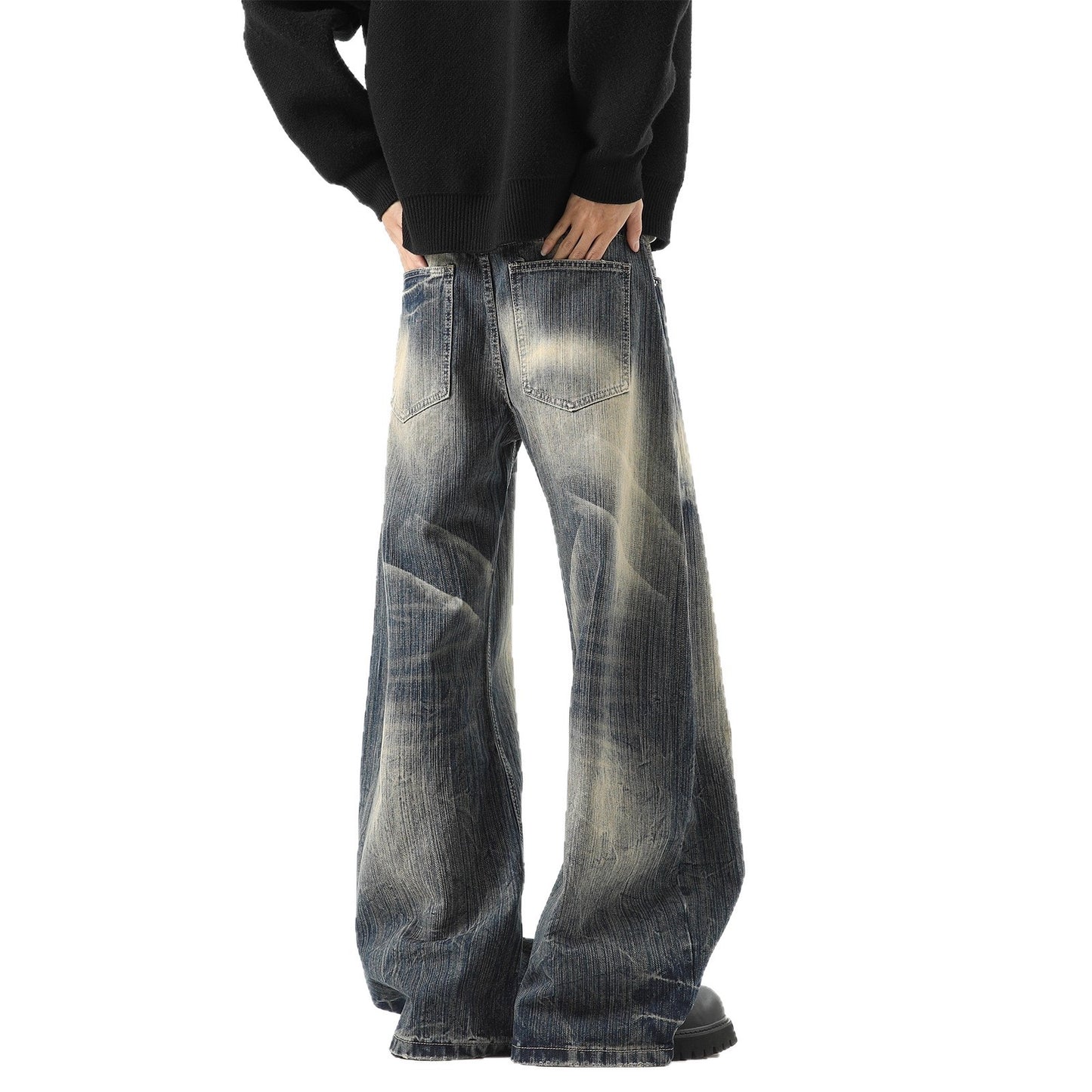 Lightning Pattern Denim Pants - High Street Washed Distressed Wide Leg