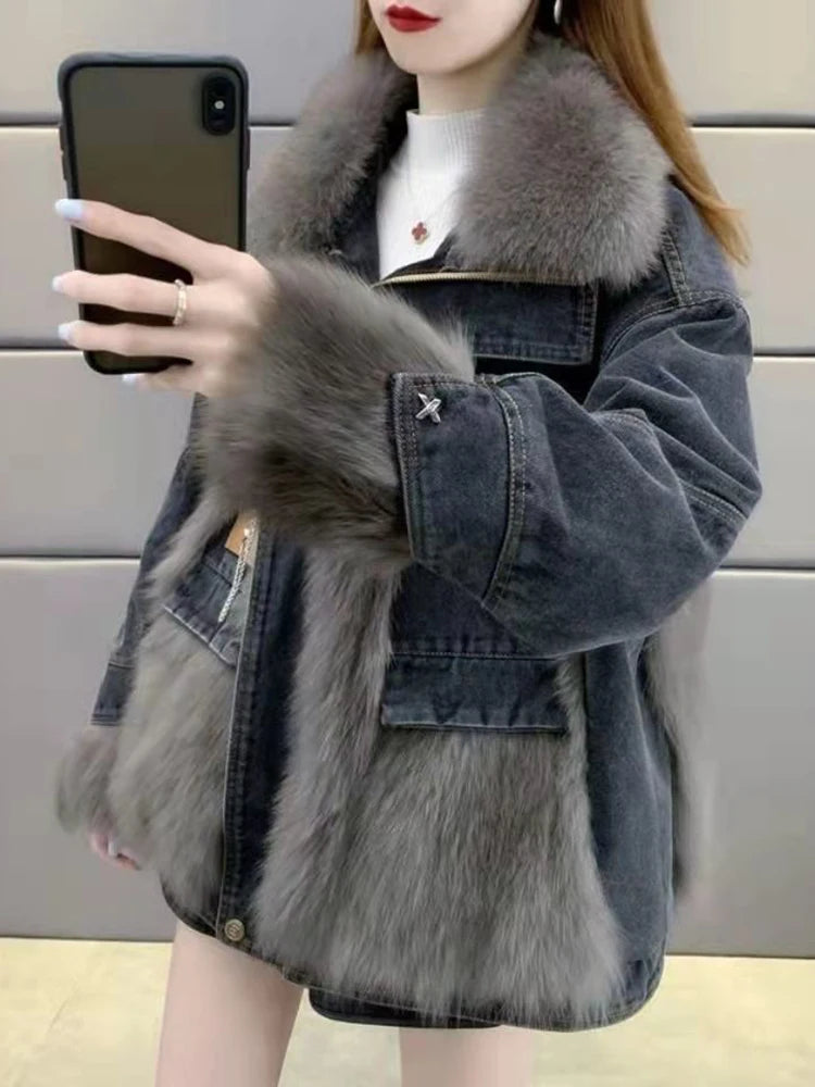 Stylish Women's Faux Fur Jacket - Denim Coat with Long Sleeves and Loose Fit