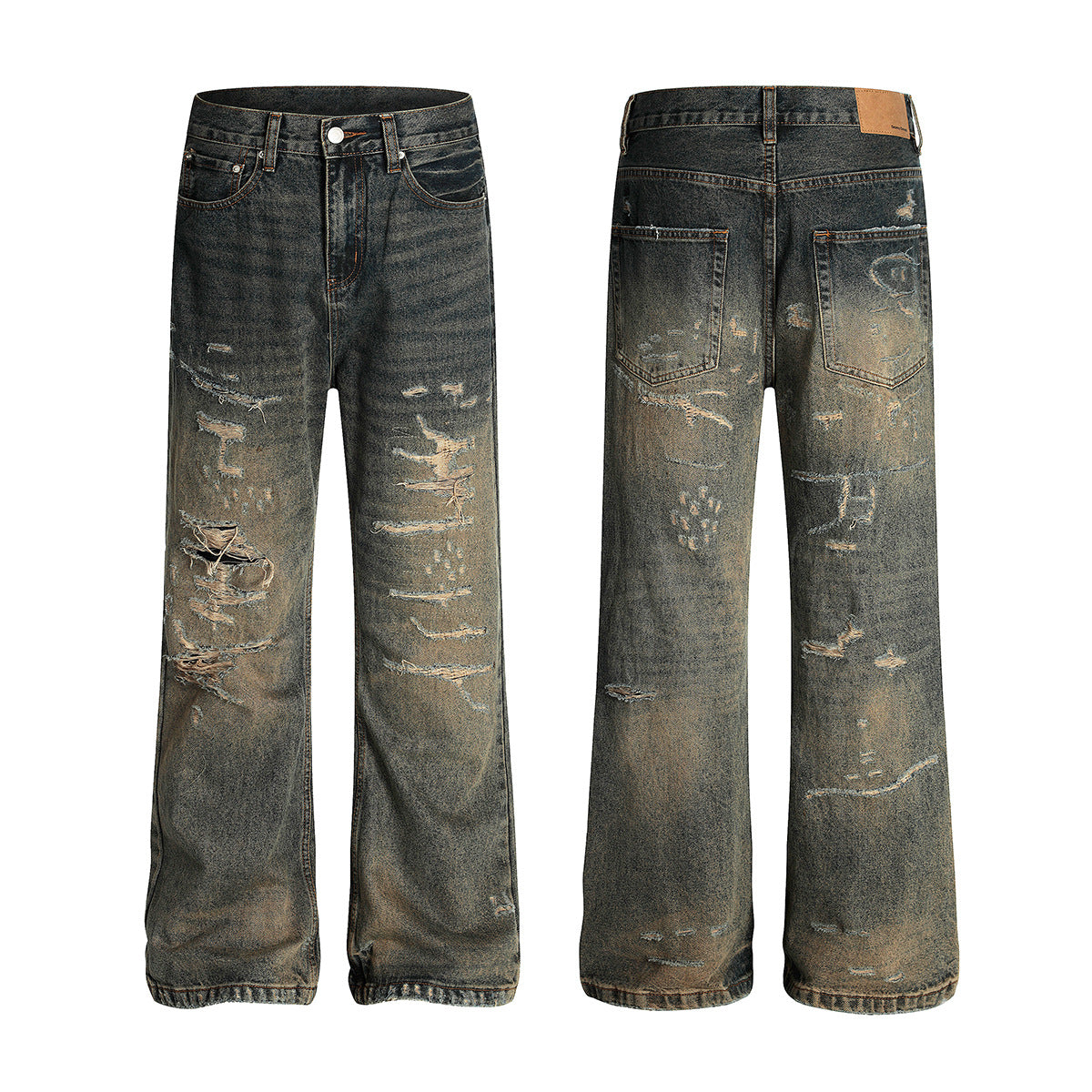 Retro Washed Dirty Dyed Denim Straight Leg Micro Flared Pants