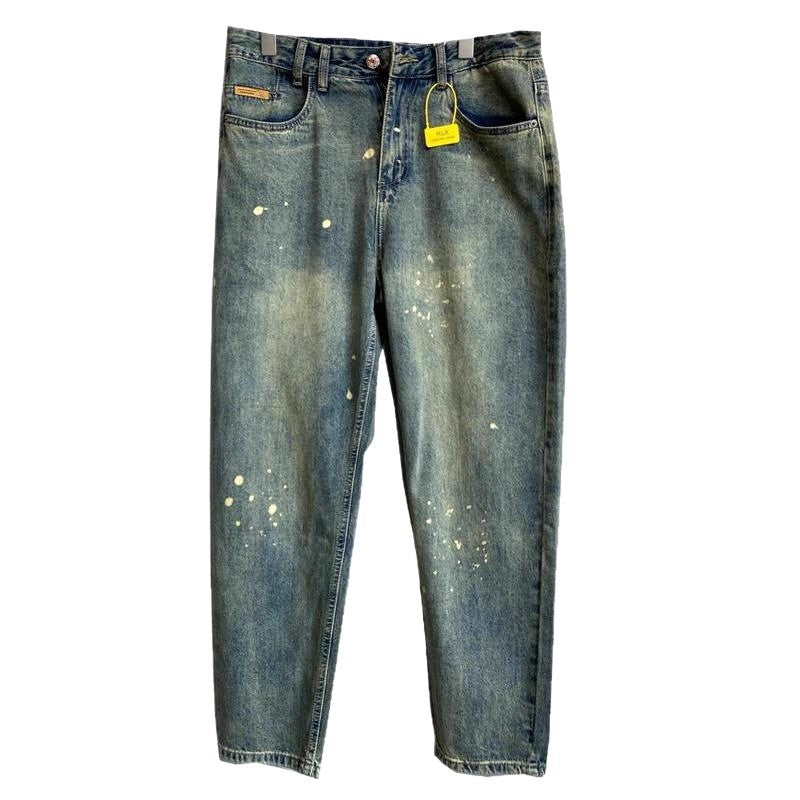 Casual Streetwear Vintage Splatter Denim Pants for Men