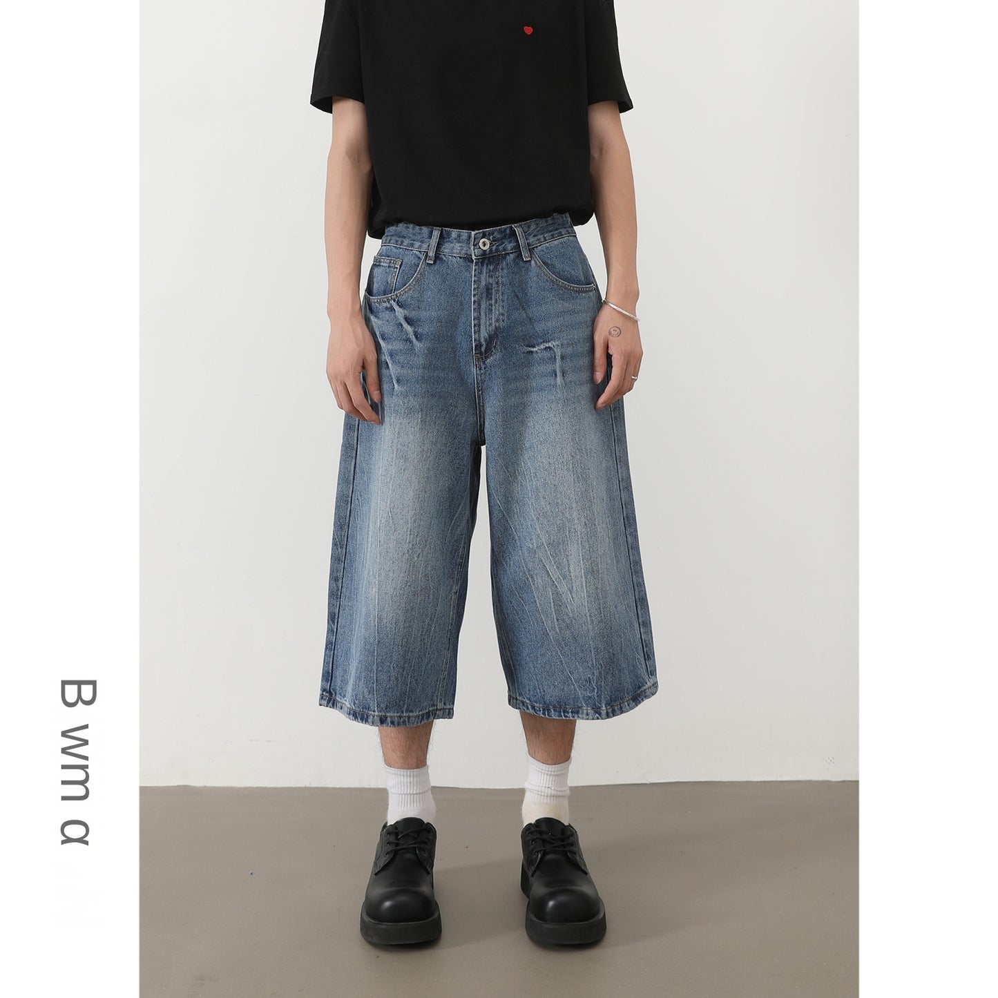 American Style Lightning Cracked Seven-Quarter Denim Pants for Men