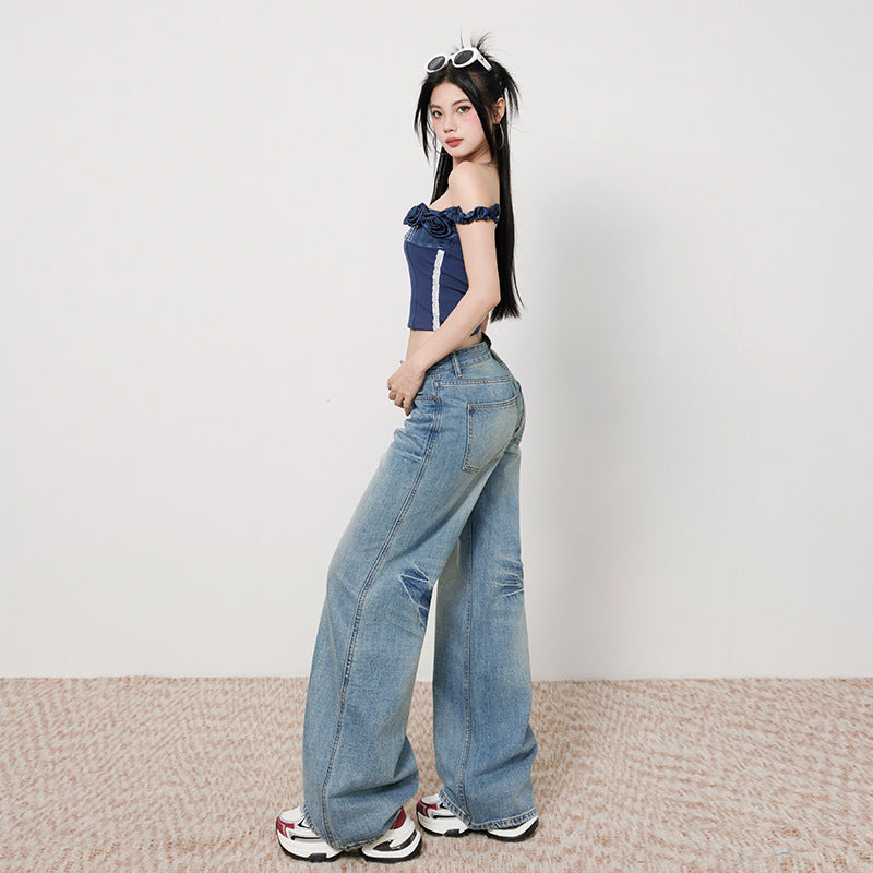 Women's Low-Waist Loose Wide-Leg Pants - Casual Straight-Leg Jeans