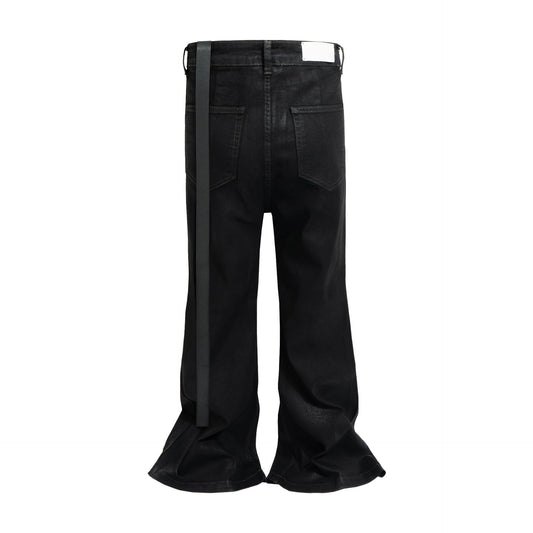 Coated Water Washed Design Denim Micro Pull Floor Pants