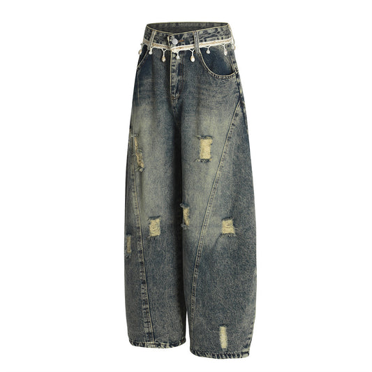 Punk Retro Washed Distressed Denim Wide-Leg Pants - Men's Loose Fit Flared Trousers