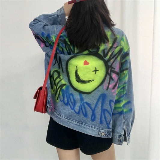 Women's Denim Jacket - Streetwear Loose Fit Graffiti Jeans Coat with Pockets