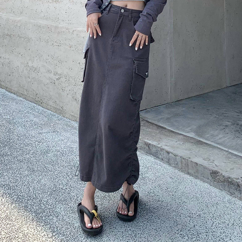 Workwear Pocket Denim A-Line Skirt with Adjustable Drawstring Length for Women