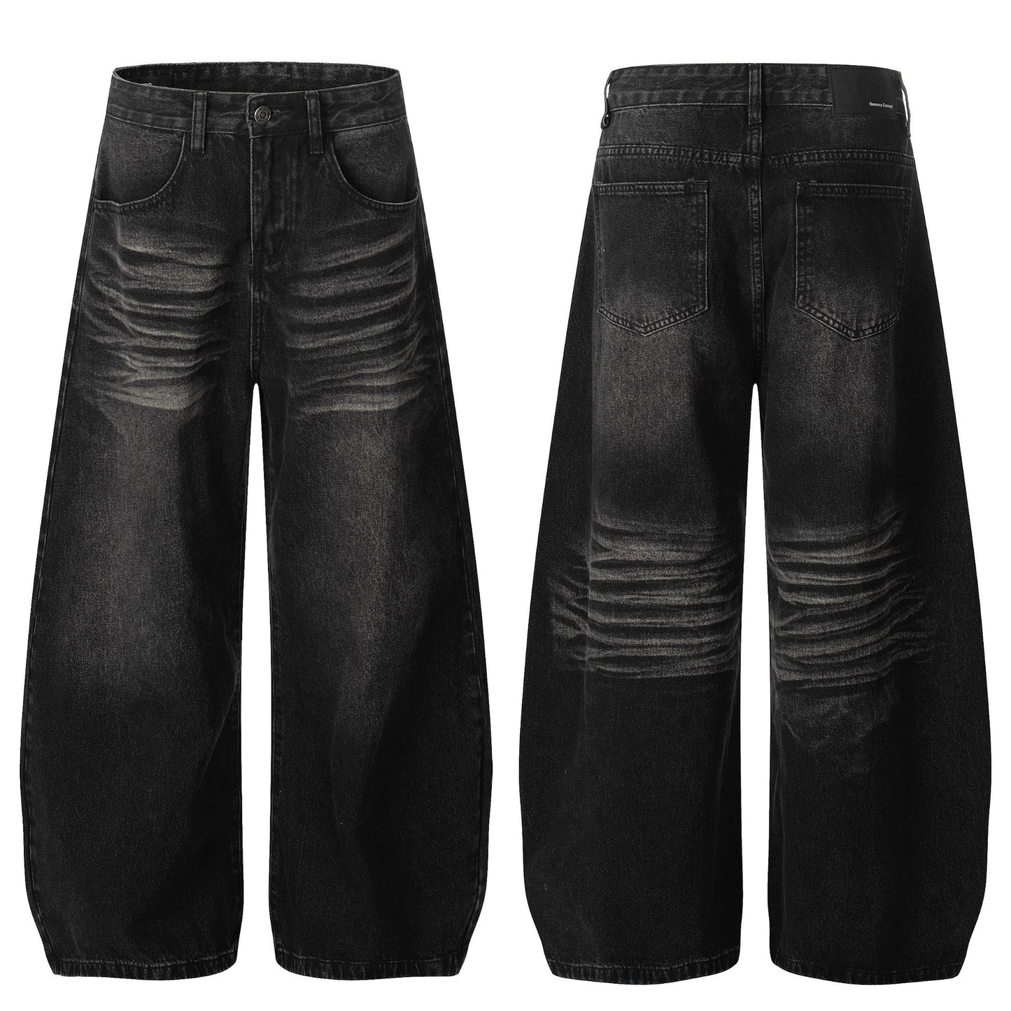 Style Washed Black Vintage Cat-Whisker Pattern Design Men's Loose Knife Cut Jeans