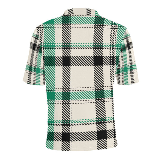 Green/Beige Plaid Men's All Over Print Polo Shirt