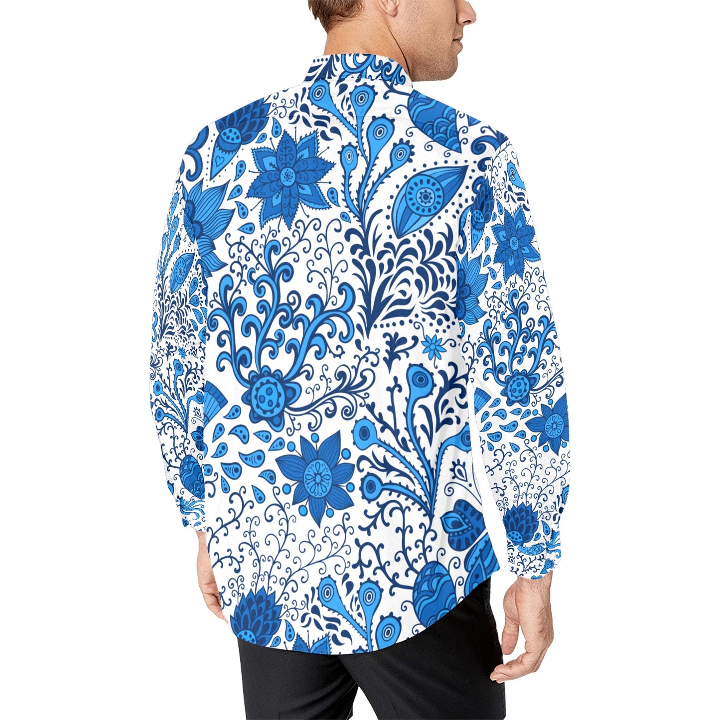 Blue Floral Pattern Men's All Over Print Long Sleeve Shirt