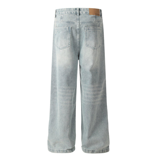 Men's Oversized Heavy Wash Denim Trousers with Pleats