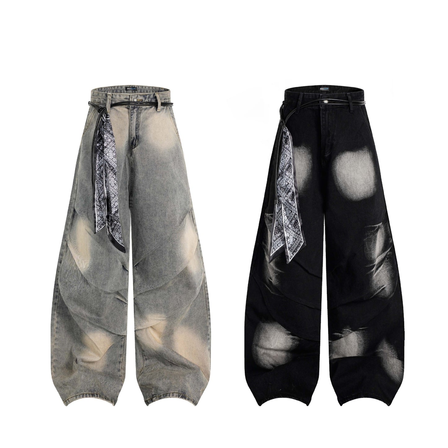 Vintage Distressed Tie-Dye Pleated Denim Pants Unisex Wide-Leg Trousers