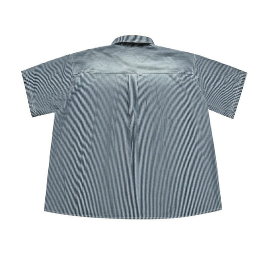 Loose Fitting Washed Striped Short Sleeve Denim Shirt with Patch Design