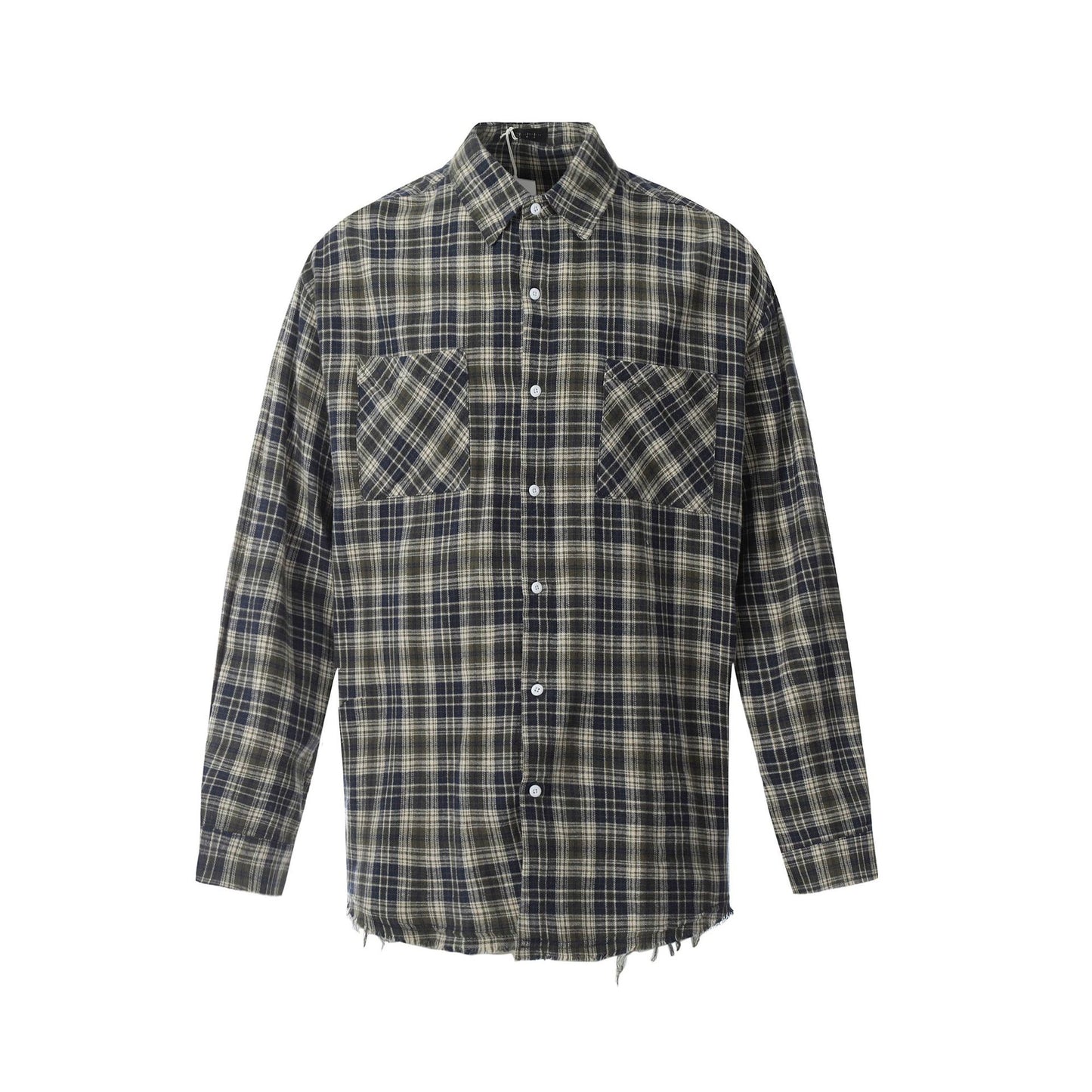Blue Green Plaid Long Sleeve Turn-Down Collar Shirt
