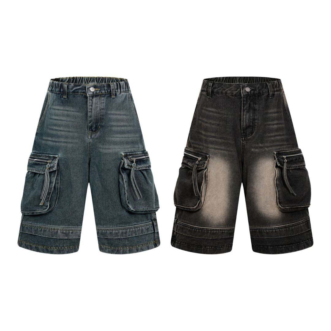 Washed Multi-Pocket Workwear Denim Shorts - Unisex Loose Fit
